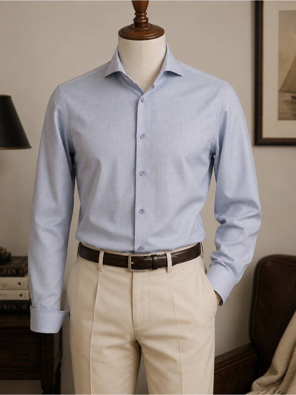 Eton Men's Slim-Fit Blue Micro Check Dobby Dress Shirt Size 14.5 | 37 LS Cotton
